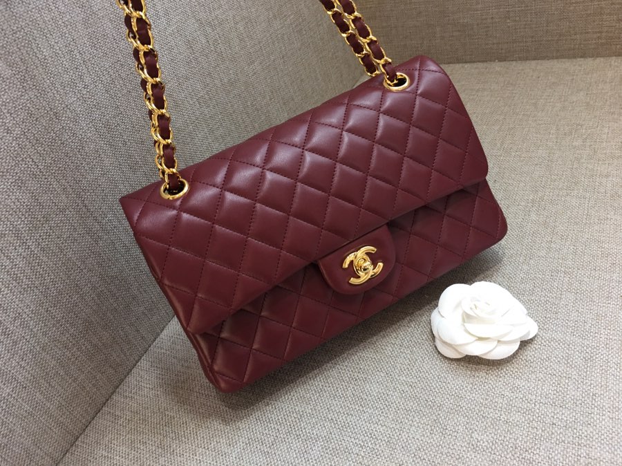 Medium Classic Flap Lambskin Bag AO1112 Dark Red/Gold